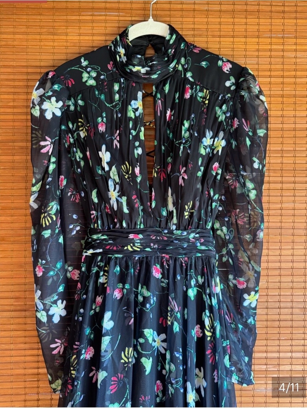 Mac Duggal Black Floral Sheer Long-Sleeve Keyhole Maxi Dress Size 2 Style 67942 - Picture 4 of 11